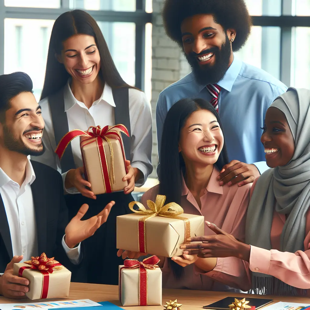 Diverse group of office colleagues sharing holiday gifts with genuine smiles, demonstrating workplace camaraderie.