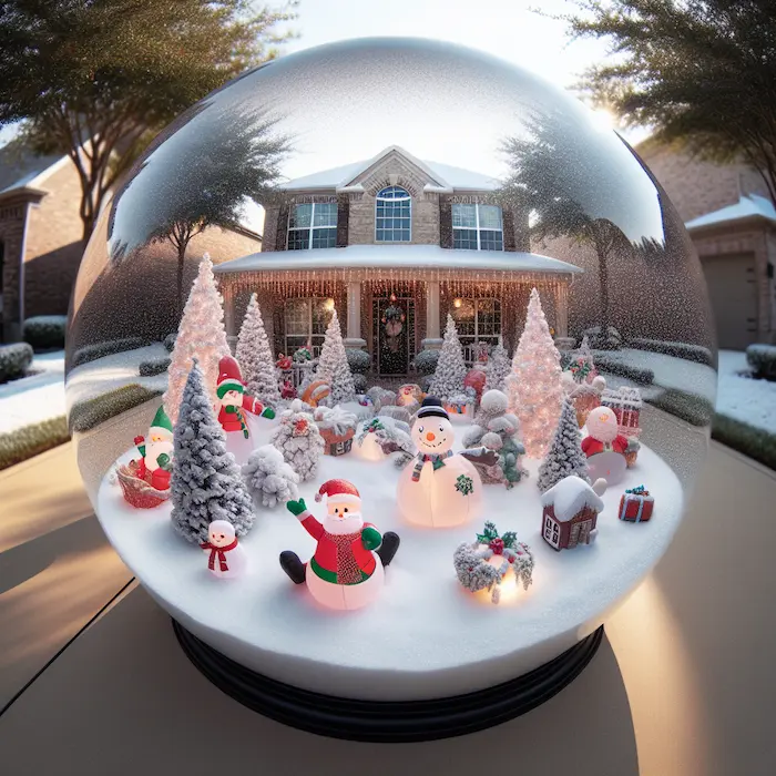 Life-sized snow globe covering a driveway filled with inflatable snowmen, Christmas trees, and festive decorations.