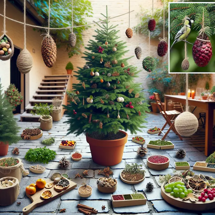 A courtyard Christmas tree decorated with handmade, eco-friendly ornaments made from natural materials like pine cones, twine, and dried fruits, surrounded by various plants and festive elements.