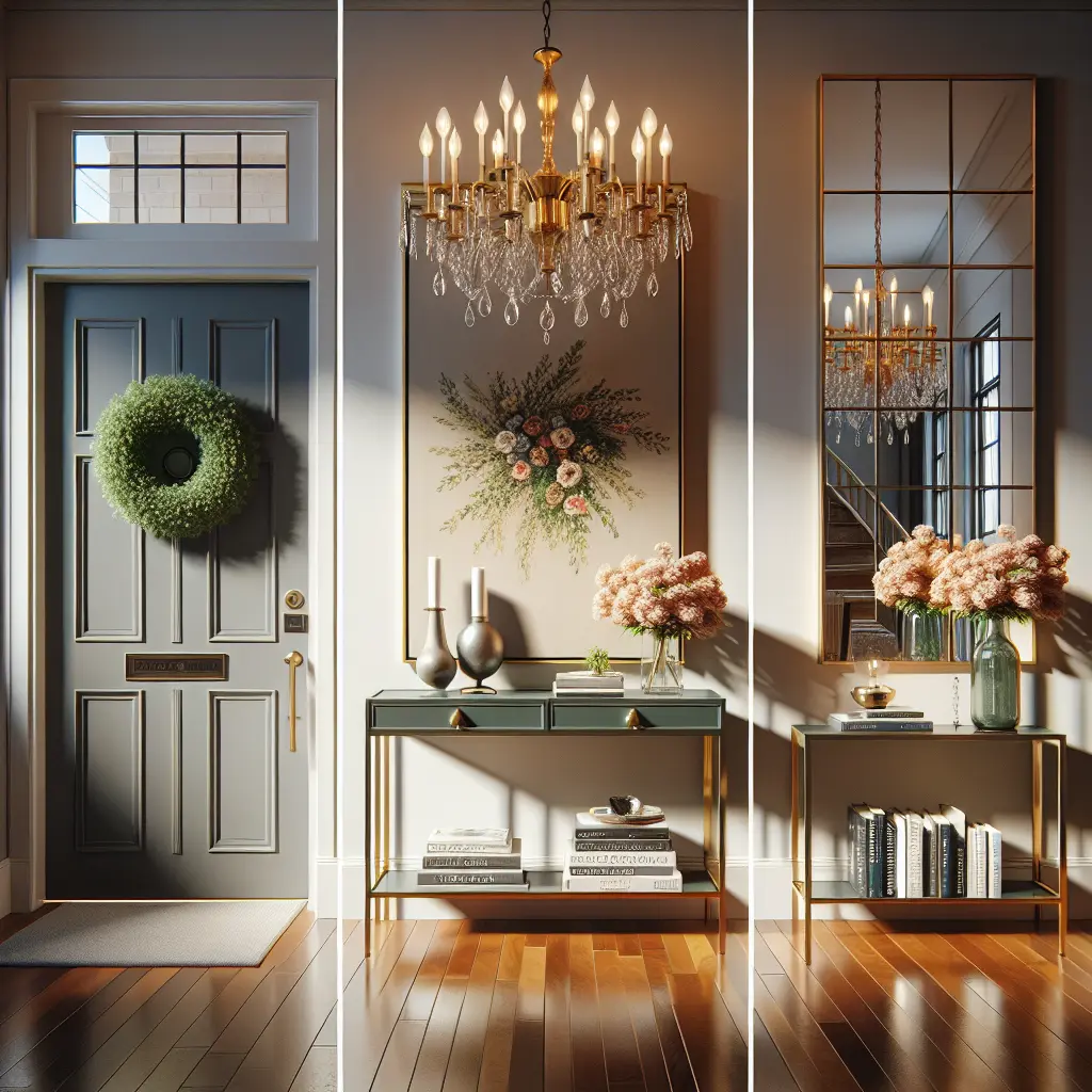 Luxury entryway featuring a sage green door with wreath, crystal chandelier, and matching console tables with floral arrangements