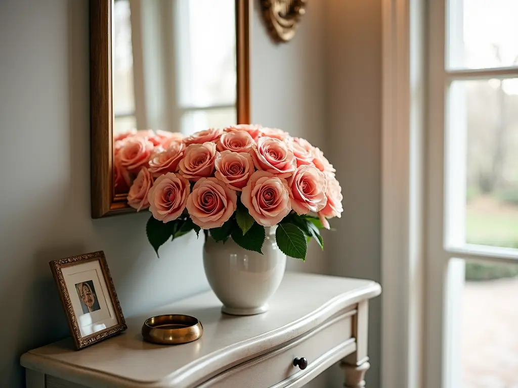 Elegant arrangement of pink roses in white ceramic vase on light gray console table with framed photo and brass accent