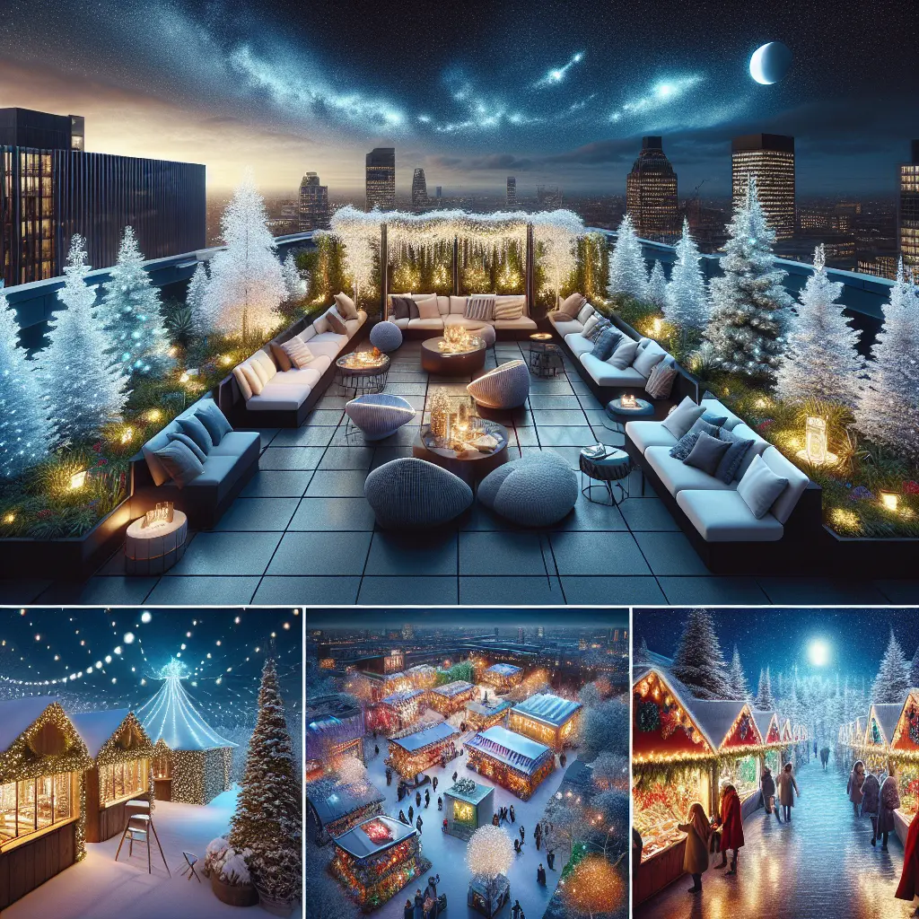 A luxurious rooftop lounge decorated with frosted trees and cozy seating under a starry night sky, perfect for winter gatherings.