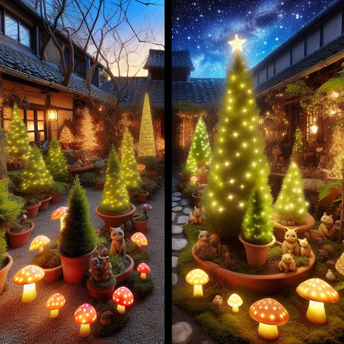 A cozy courtyard transformed into an enchanted forest with potted evergreens, glowing fairy lights, woodland animal figurines, and illuminated mushrooms.