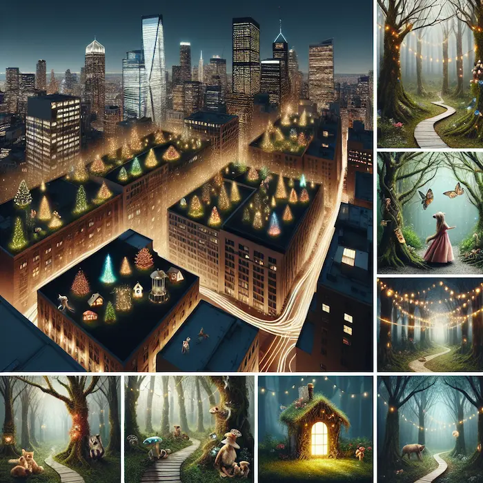 Rooftop enchanted forest with illuminated trees, woodland creatures, fairy houses, and winding paths through a magical landscape.