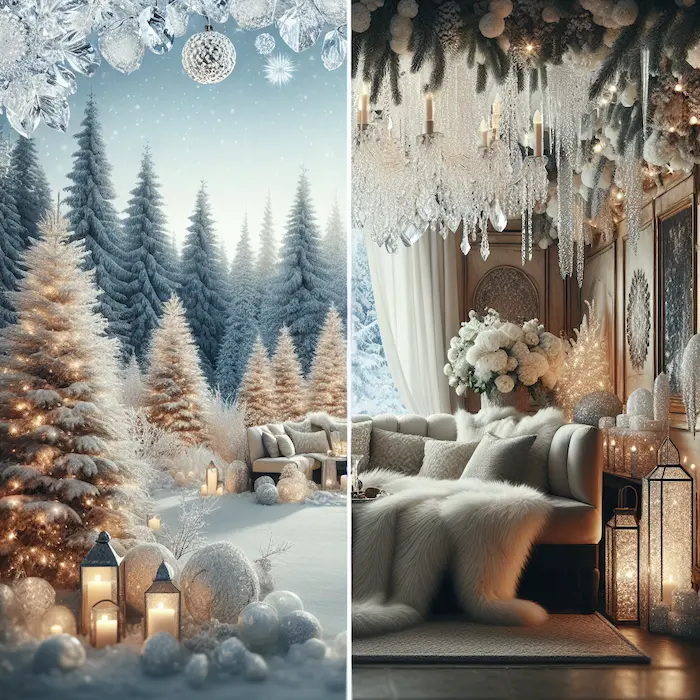 A split-panel image showcasing an enchanted winter woodland holiday porch with frosted evergreen trees, twinkling lights, and cozy fur seating.