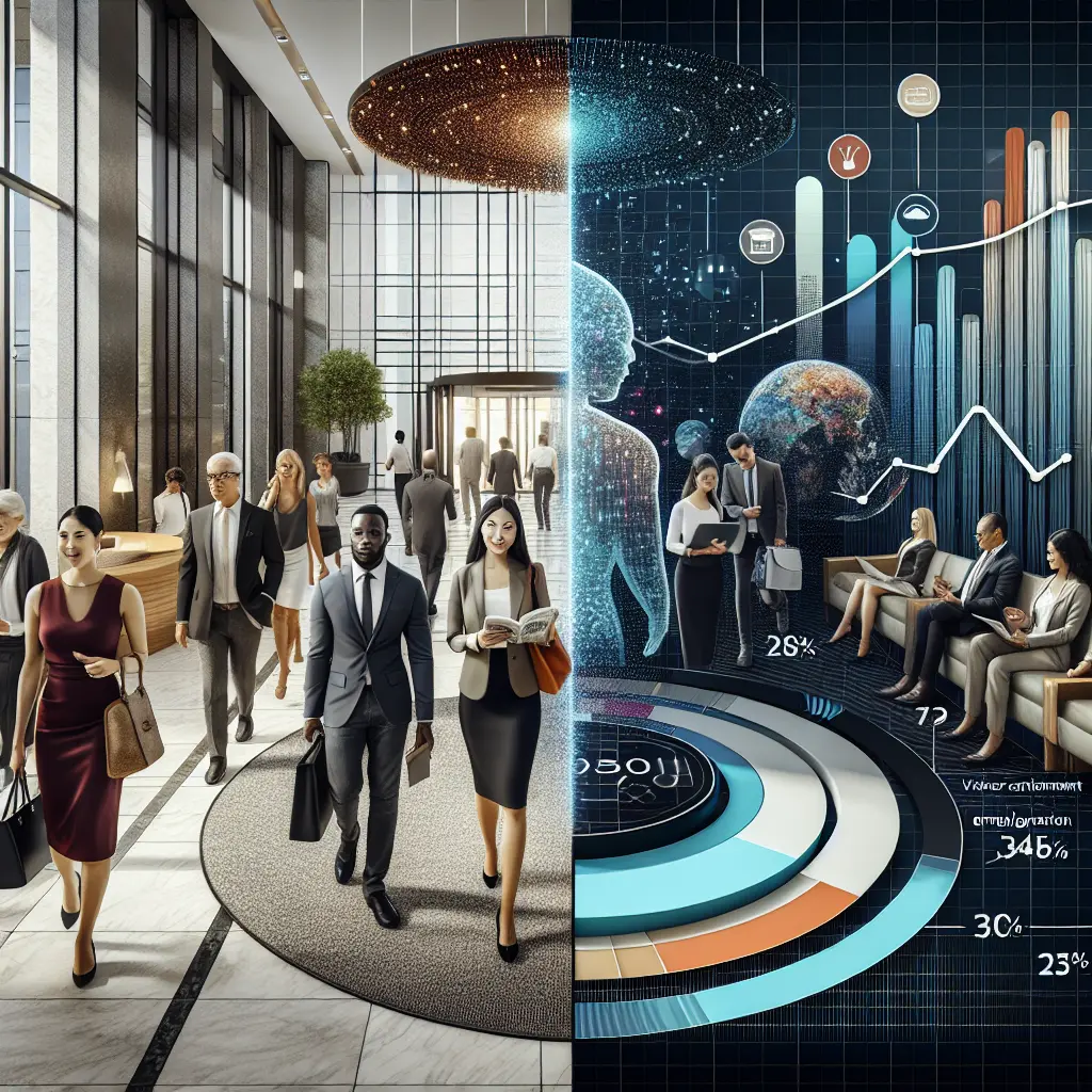 Split-screen visualization showing busy corporate lobby with professionals on left side and futuristic data analytics dashboard with performance metrics on right side.