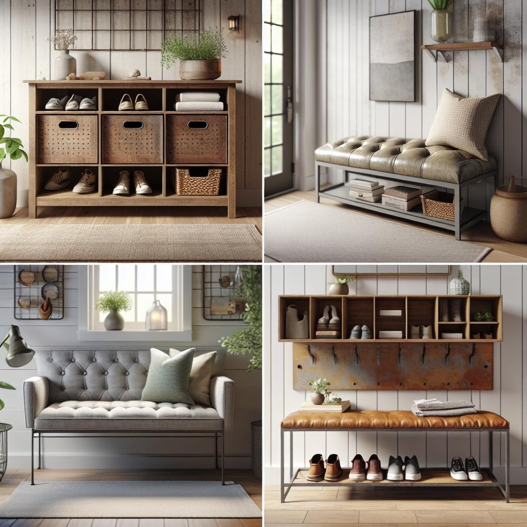 Wooden entryway storage bench with cubbies, featuring baskets, shoes, and decorative plants in a cozy home entrance.