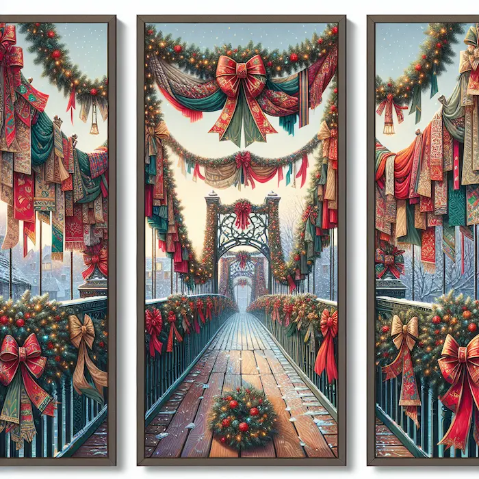 A triptych of a bridge decorated with fabric banners, large bows, and garlands wrapped around railings for the holidays.