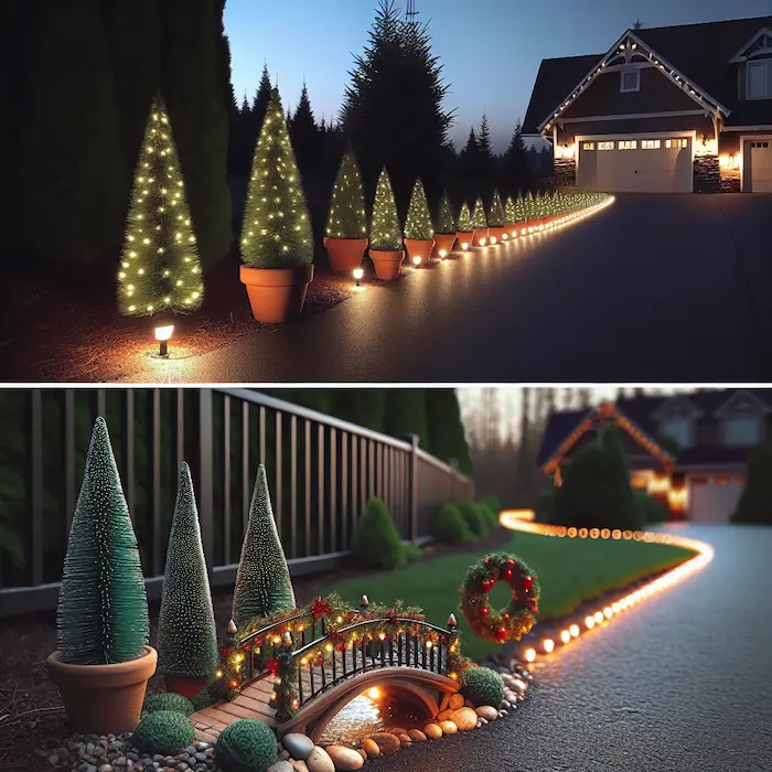 Driveway lined with potted evergreens lit by stake lights, featuring a miniature holiday bridge decorated with garlands and lights.