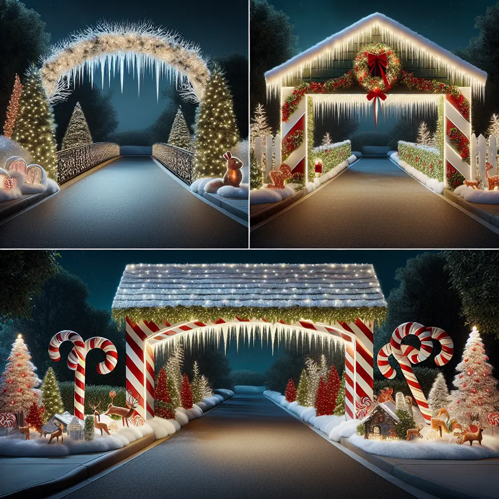 Three variations of holiday-themed driveway entrances: one with icicle lights and frosted trees, another with a wreath and candy cane accents, and a third with oversized candy canes and gingerbread decorations.