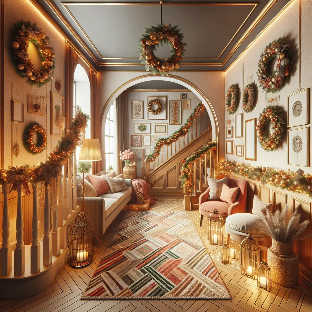 A festive hallway decorated with holiday wreaths, garlands, and lanterns, featuring warm lighting and cozy seating.