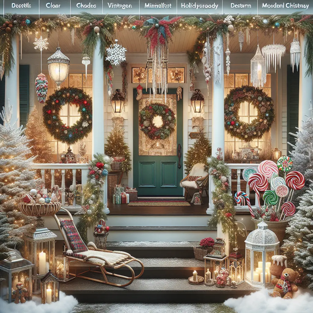 A festive holiday porch decorated with wreaths, garlands, Christmas lights, lanterns, and candy cane decorations, creating a warm and inviting entrance.