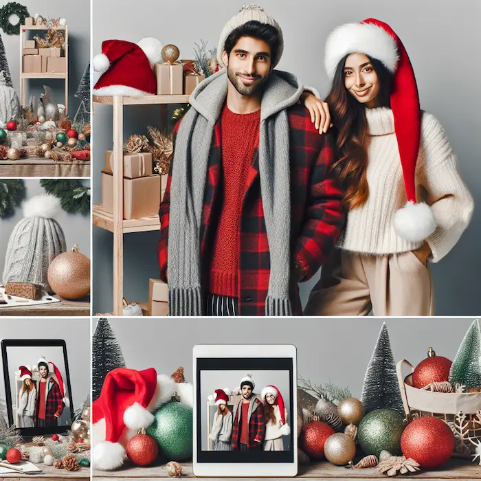 A collage of holiday-themed photo booth setups, including props like Santa hats, ornaments, and a couple posing in front of a festive backdrop.