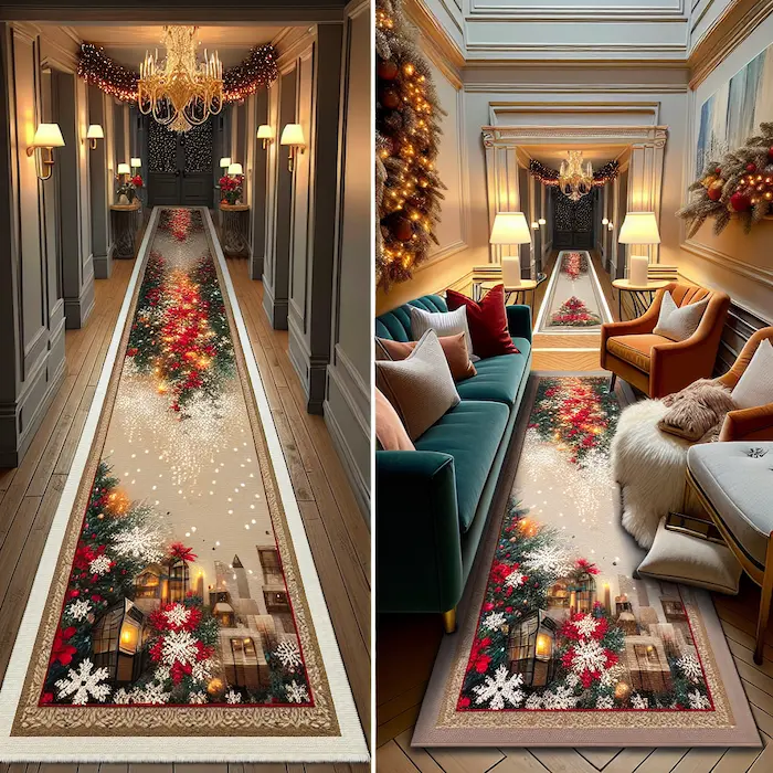 A long hallway runner in rich holiday colors with snowflake patterns, leading through a warmly lit space decorated for the holidays.