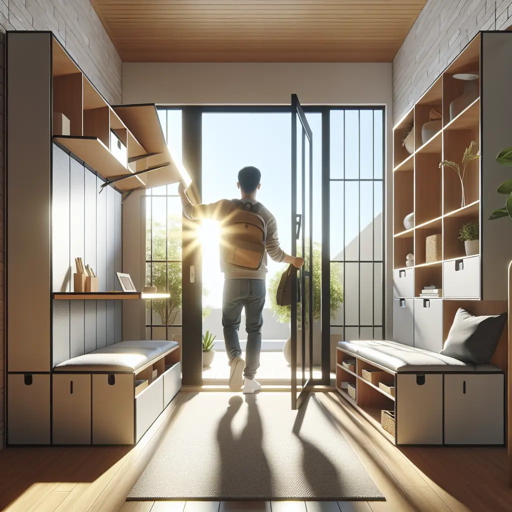 Modern entryway with built-in modular storage benches and shelving, natural light streaming through glass door