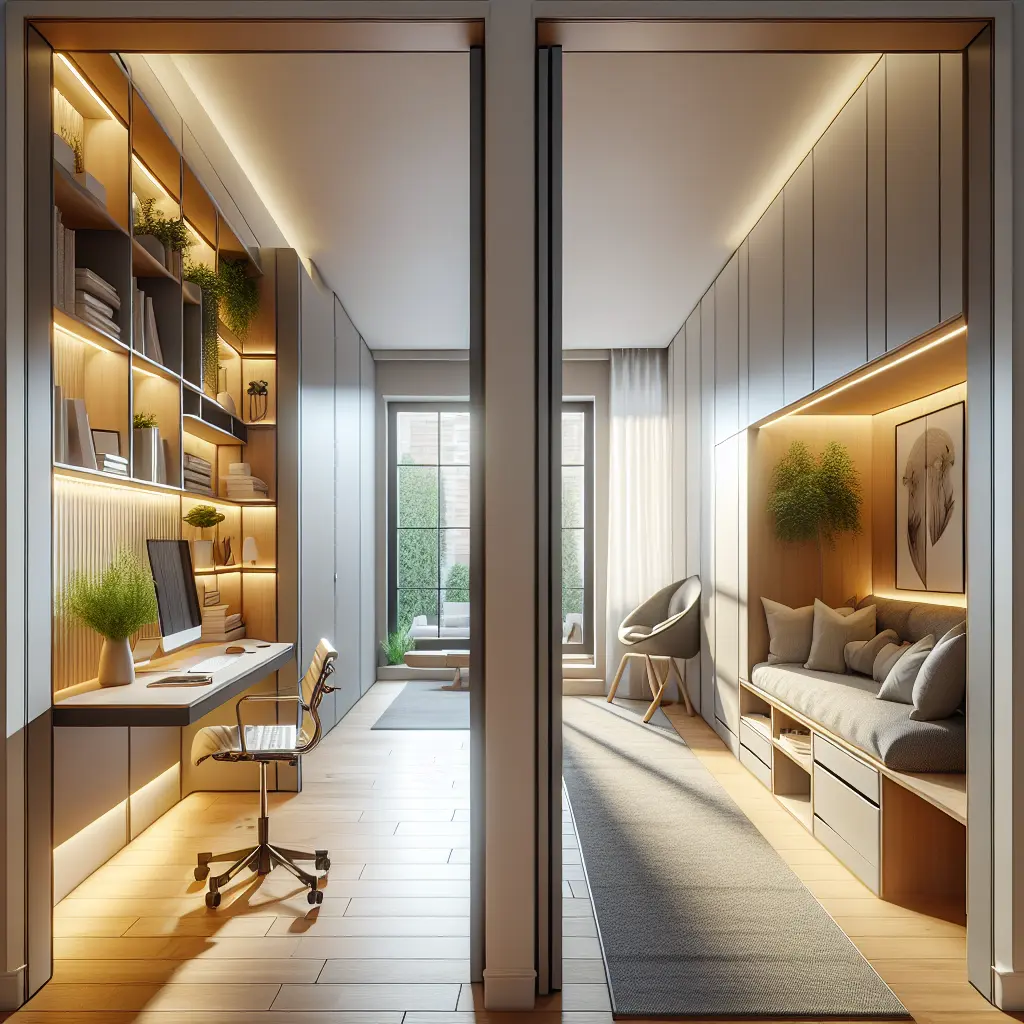 Modern hallway divided into two functional zones featuring a built-in workspace with LED lighting and a cozy reading nook with window seating and storage