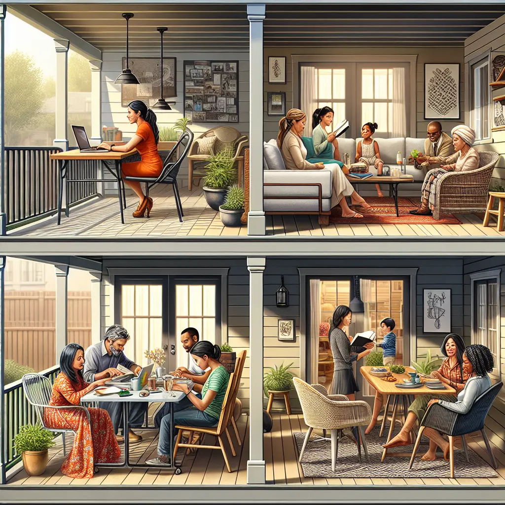 Split-view illustration of a modern porch being used for multiple purposes, including a home office, social gathering space, and dining area.
Split-view illustration of a modern porch being used for multiple purposes, including a home office, social gathering space, and dining area.