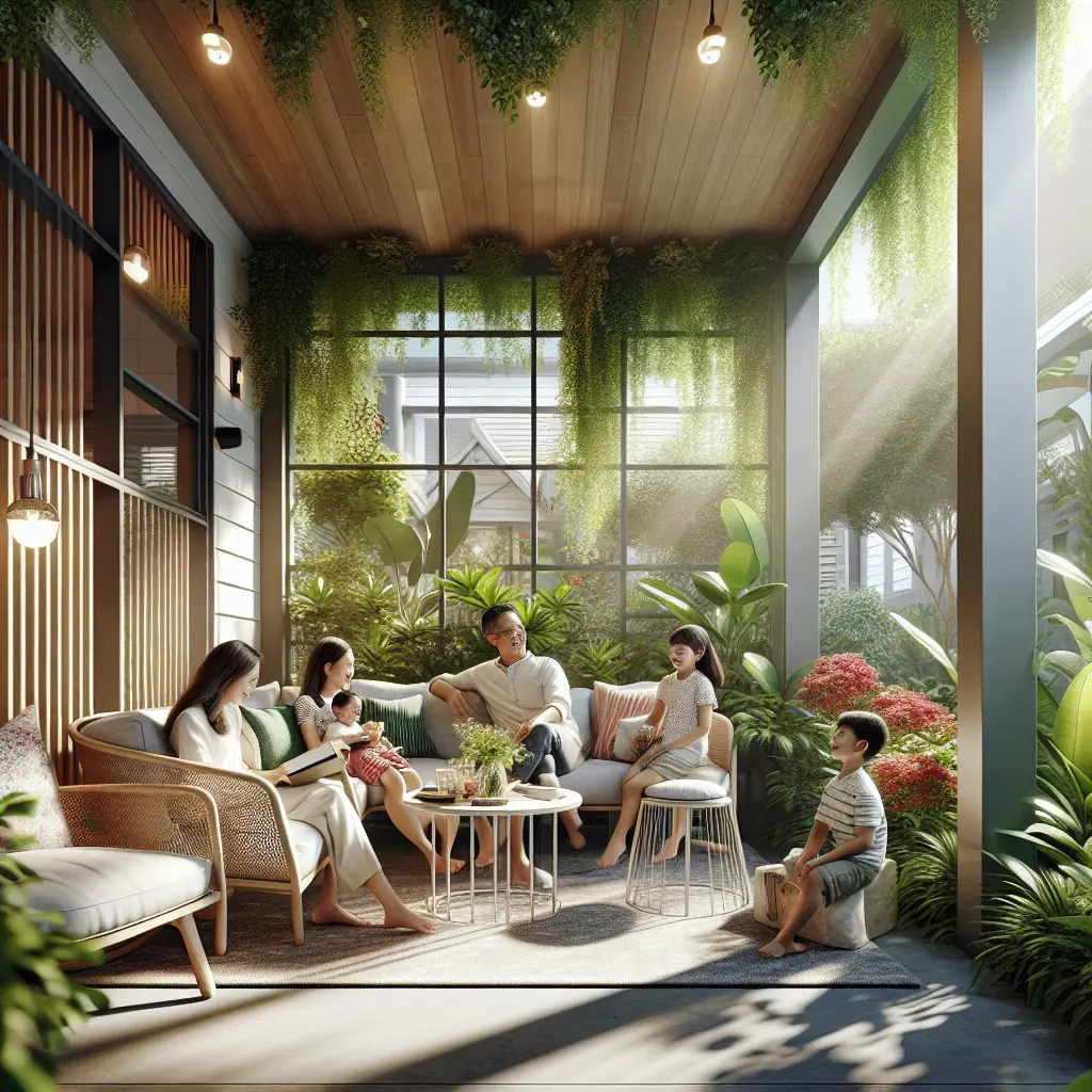 Modern enclosed porch with natural lighting, wooden ceiling, hanging plants, and comfortable seating where a family relaxes together in a biophilic design setting.