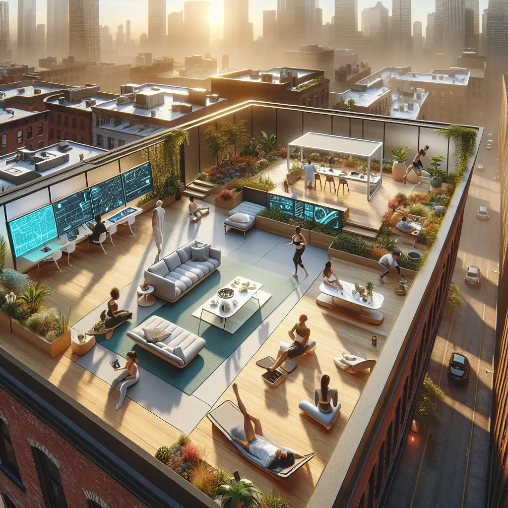 Modern urban rooftop featuring flexible workspace with digital displays, yoga area, and lounge spaces against city skyline at sunsetModern urban rooftop featuring flexible workspace with digital displays, yoga area, and lounge spaces against city skyline at sunset