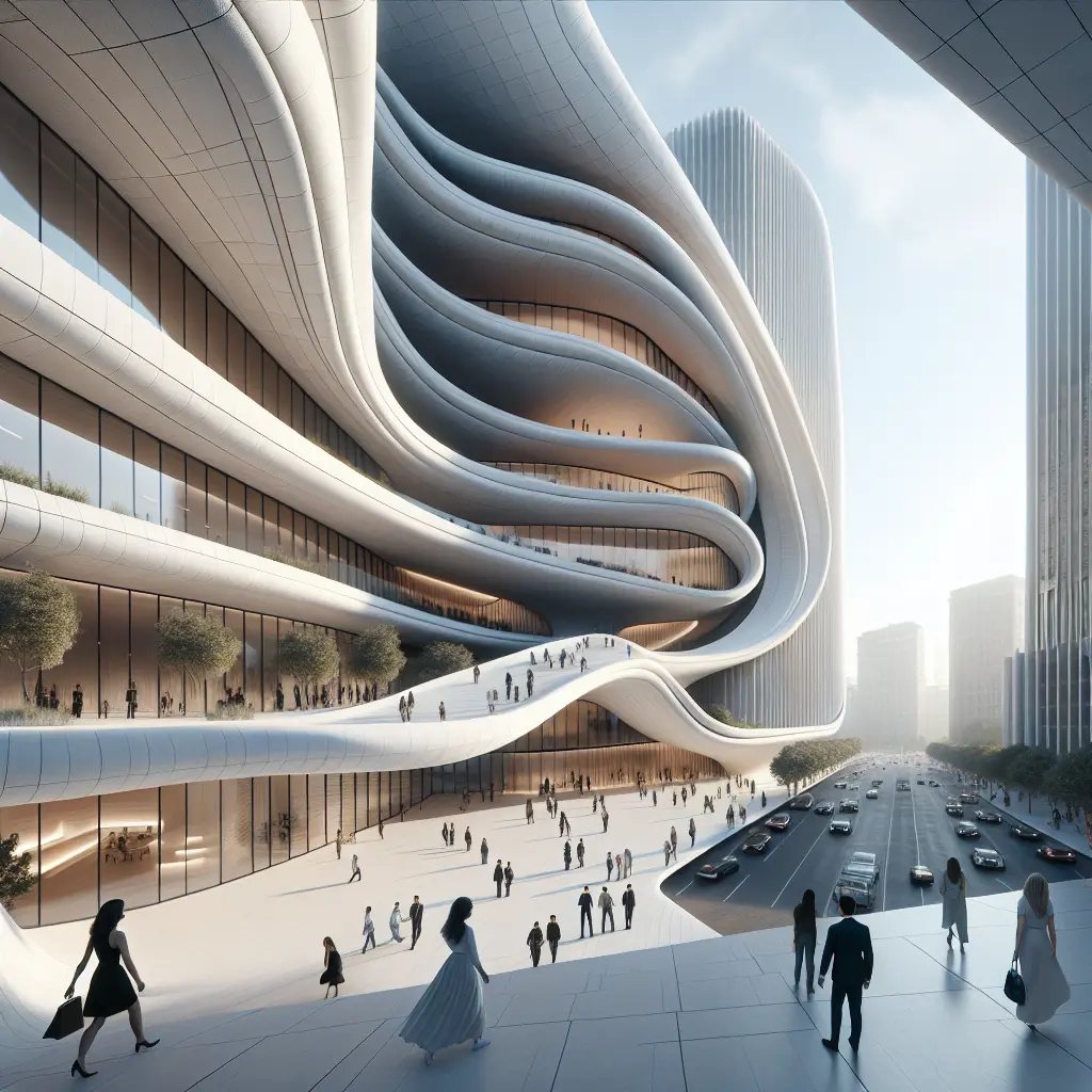 Modern building with flowing white curved facades and multiple levels of public spaces seamlessly connecting interior and exterior