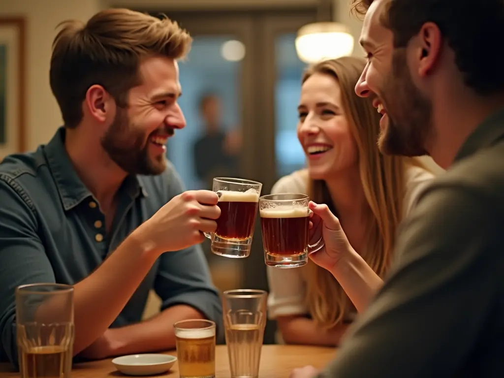 Three friends laughing and toasting with craft beers in a warmly lit bar setting, creating a cozy social atmosphere.