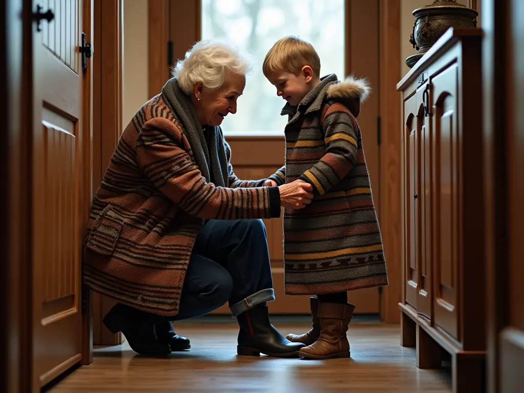 Heartwarming moment between grandmother and young grandson in matching striped sweaters sharing a tender moment in a wooden-paneled hallway