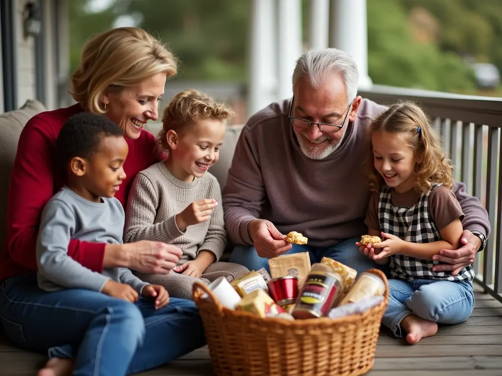 Multi-generational family moment on a porch, sharing treats from a gift basket while grandparents and grandchildren laugh together