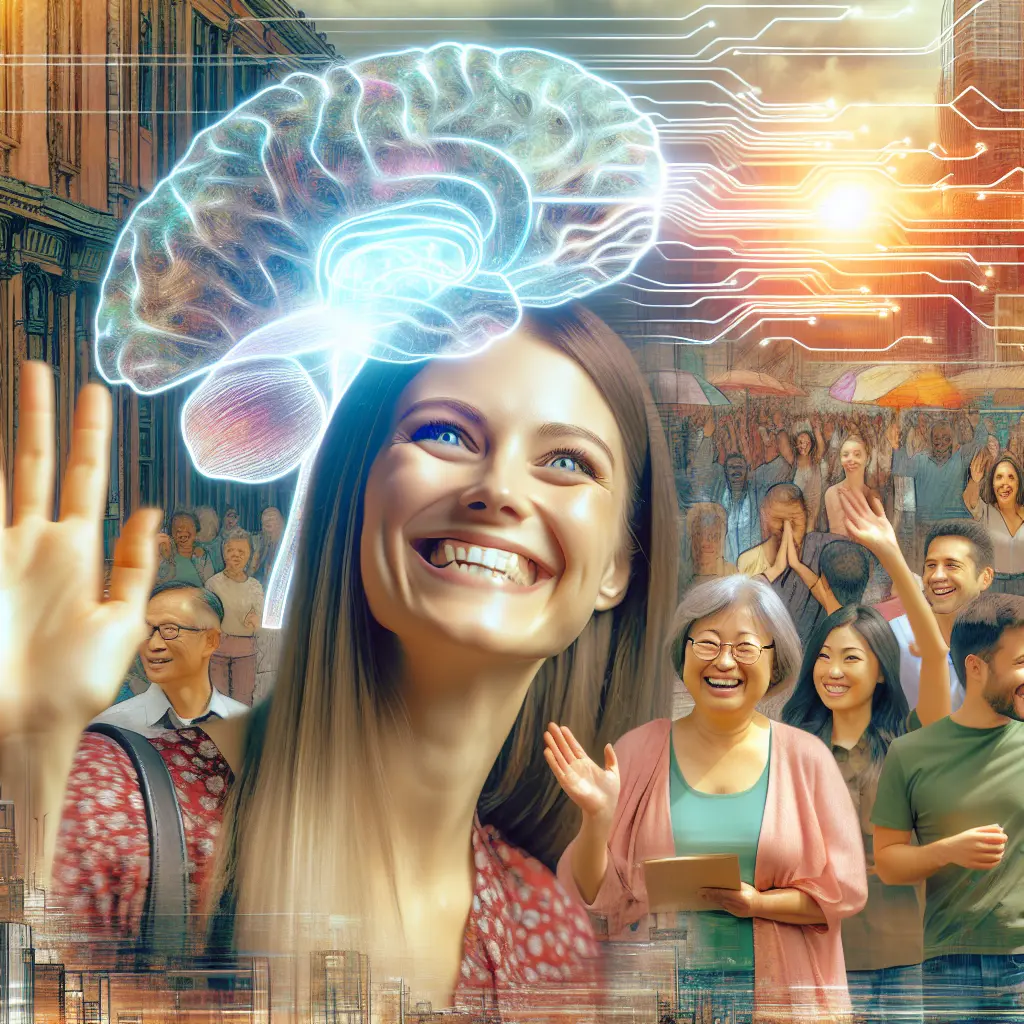  Illustration showing brain activity during social interaction with diverse crowd in background, highlighting neural response to greeting strangers.