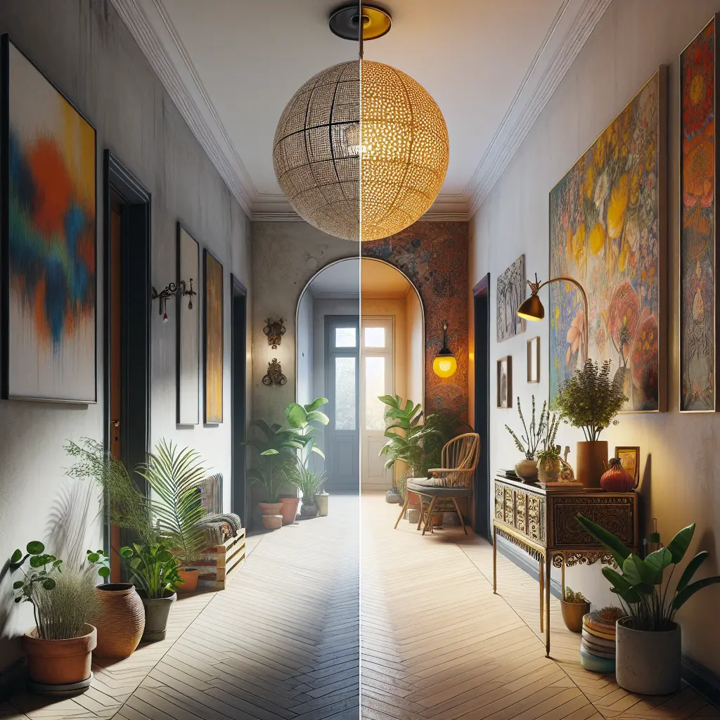 Before and after comparison of a hallway transformation from minimal to personally styled space with art and plants