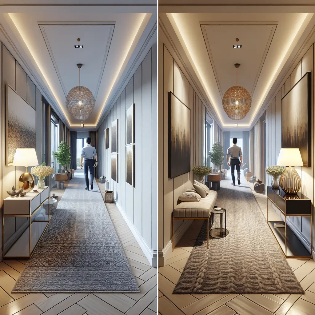 Side-by-side comparison of a modern hallway showcasing proper proportions with elegant lighting and furniture placement