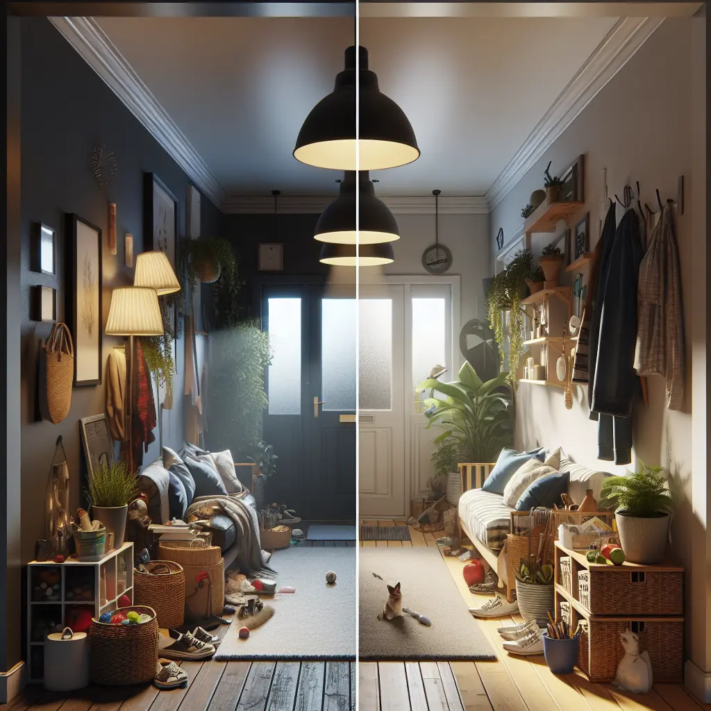 Before and after comparison of a hallway entrance showing proper storage organization, featuring built-in shelving, coat hooks, and seating area