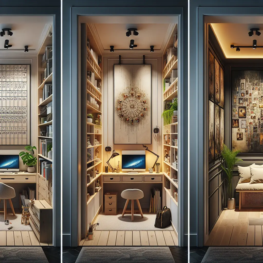 Three connected hallway spaces showing home office setup, organizational wall calendar, and gallery-style relaxation area