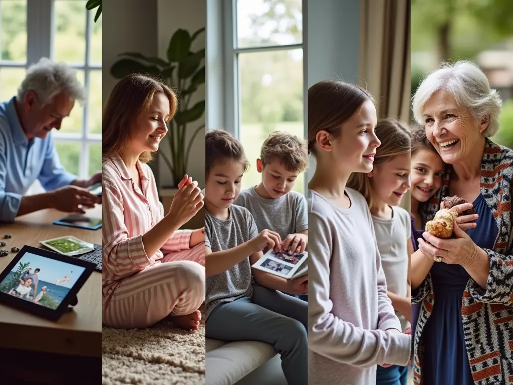 Multi-panel image showing intergenerational family moments with digital devices, shared activities, and joyful interactions between grandparents and children.