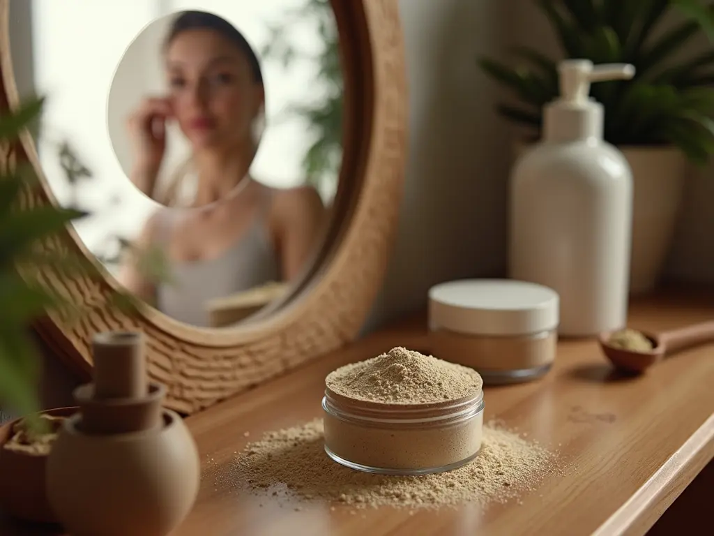 Natural herb dusting powder set displayed on wooden vanity with mirror reflection and self-care items.