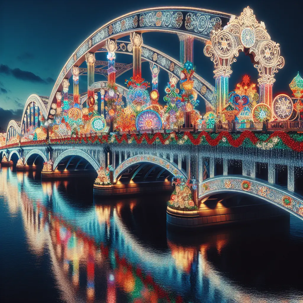 A beautifully lit bridge adorned with intricate light displays reflecting on the water below, creating a festive holiday scene.