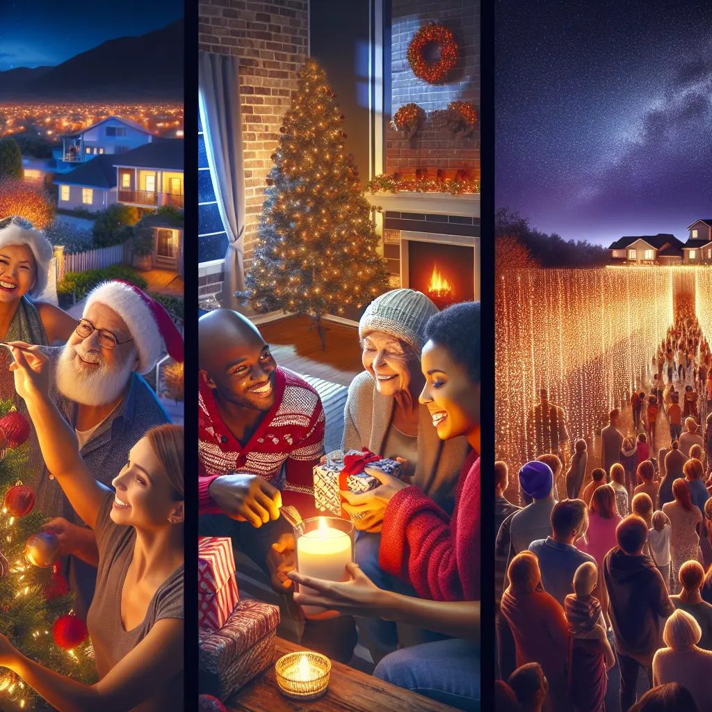 A series of festive holiday scenes showing people decorating a Christmas tree, exchanging gifts by the fireplace, and attending an outdoor light festival.