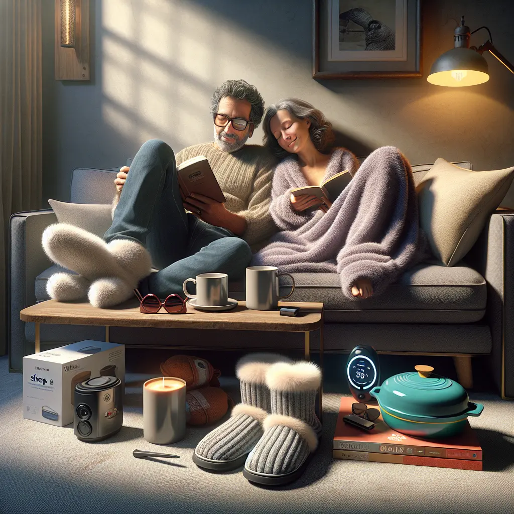 Middle-aged couple relaxing on gray sofa reading books, surrounded by cozy comfort gifts including smart mug, slippers, and Dutch oven in natural lighting