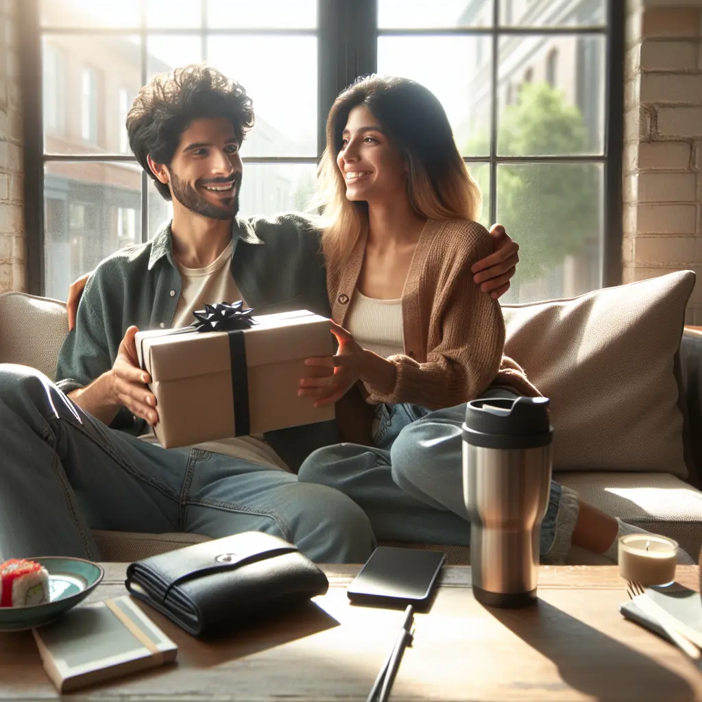 Two siblings exchanging holiday gifts while relaxing on a cozy window seat, surrounded by lifestyle accessories