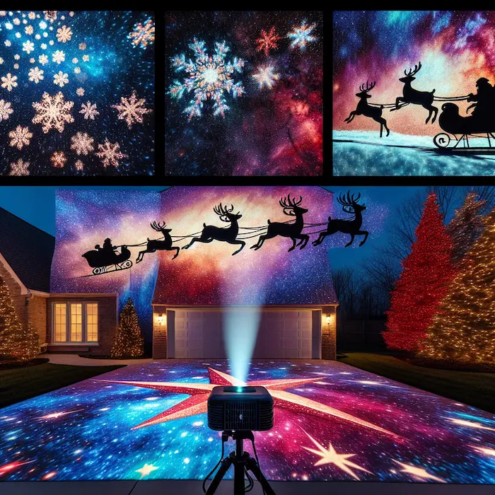 Projection mapping on a driveway displaying falling snowflakes and Santa's sleigh flying across the sky in vibrant colors.