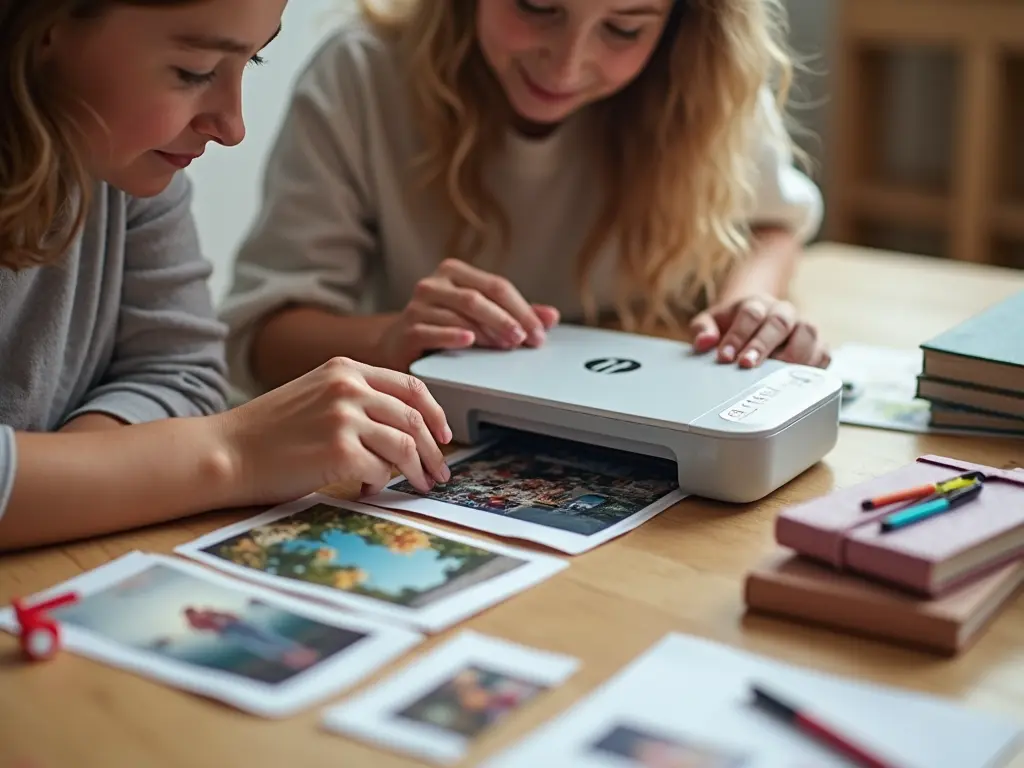 Two people using HP Sprocket photo printer with printed photos spread on wooden table.