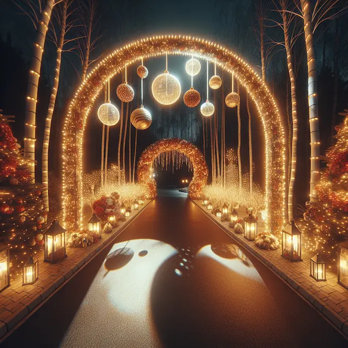 Illuminated driveway archway with warm LED lights, hanging ornaments, and lanterns creating a festive holiday entrance.