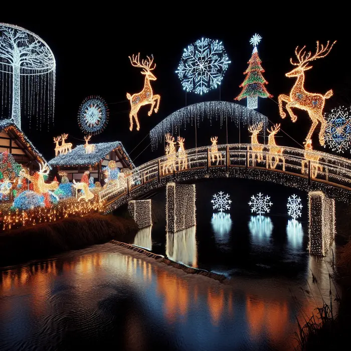 A bridge decorated with illuminated reindeer, snowflakes, and cascading fairy lights, reflecting on a calm river at night.