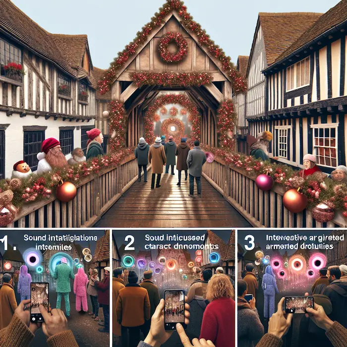 A collage showing an interactive holiday-decorated bridge with photo opportunities, sound installations, and augmented reality elements.