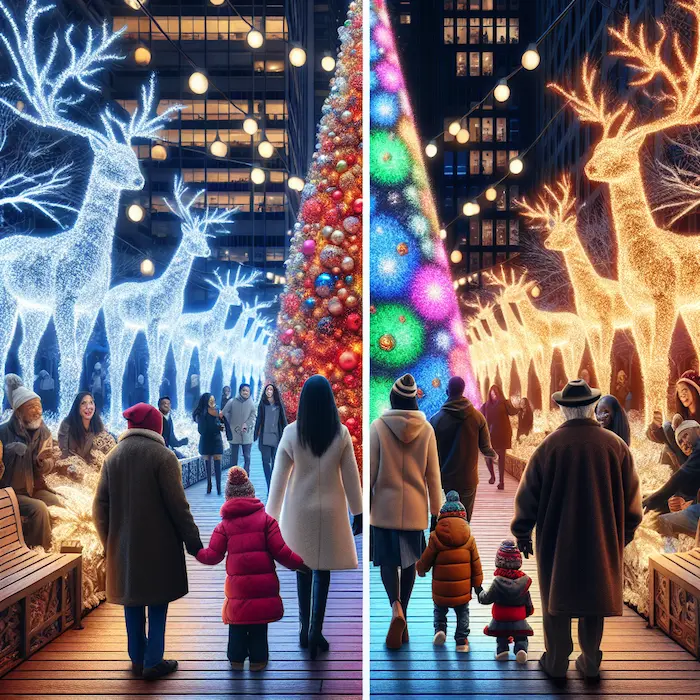 A split-panel image showing families walking through an outdoor pathway with illuminated reindeer sculptures and a large light-up Christmas tree in a communal area.