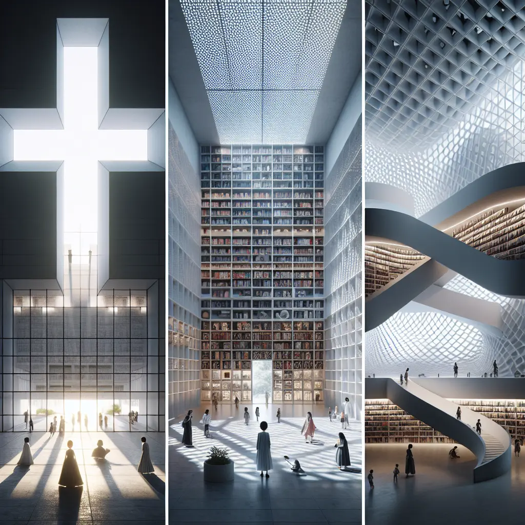 Architectural triptych showing Tadao Ando's Church of Light cross aperture, a modern library's towering bookshelf wall, and a spiral staircase under a geometric skylight