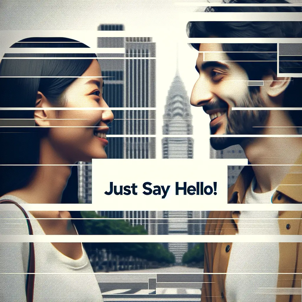 Artistic portrait of two people smiling at each other with geometric overlays and "Just Say Hello!"