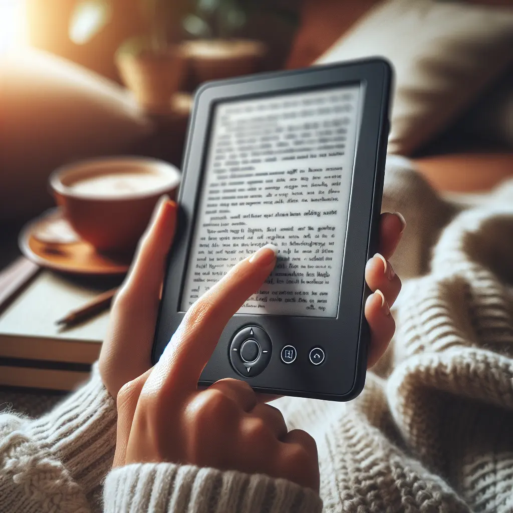 Person reading on Kindle Paperwhite with coffee cup in cozy setting