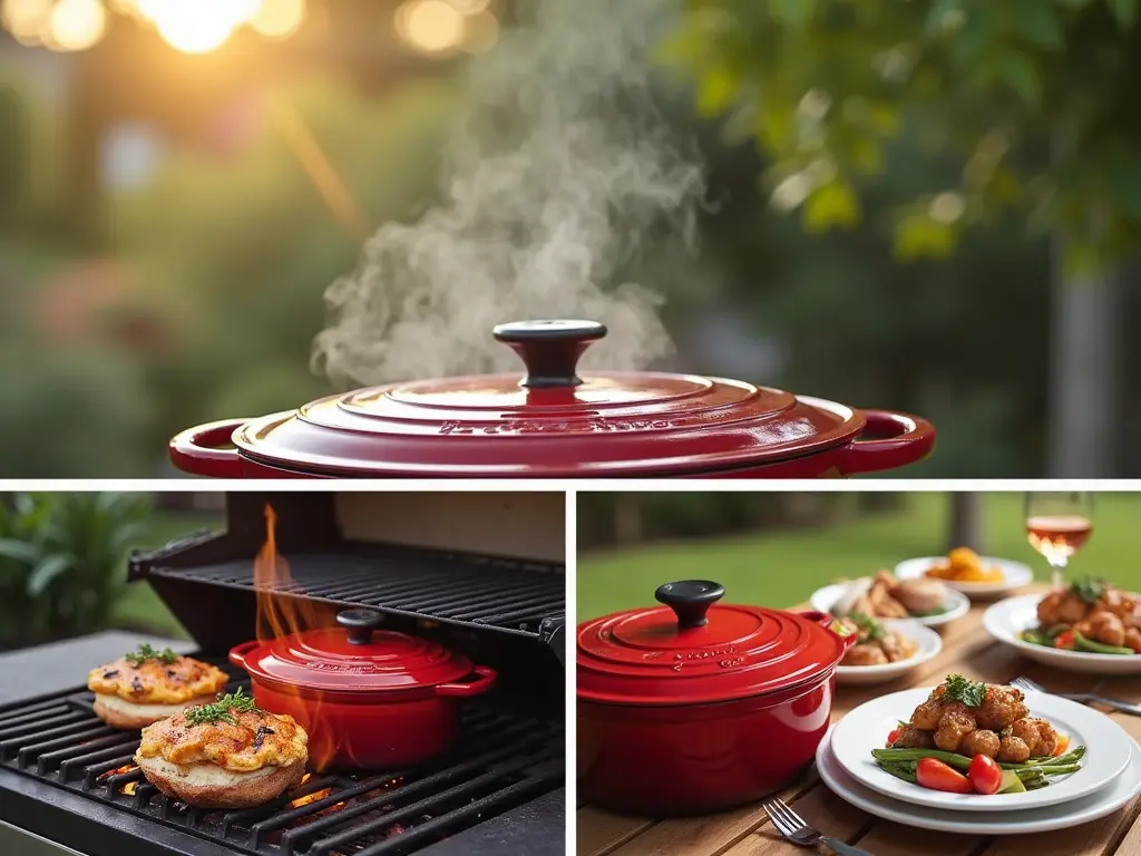 Red Le Creuset enameled cast iron cookware collection featuring Dutch ovens on outdoor grill and dining table with prepared meals.