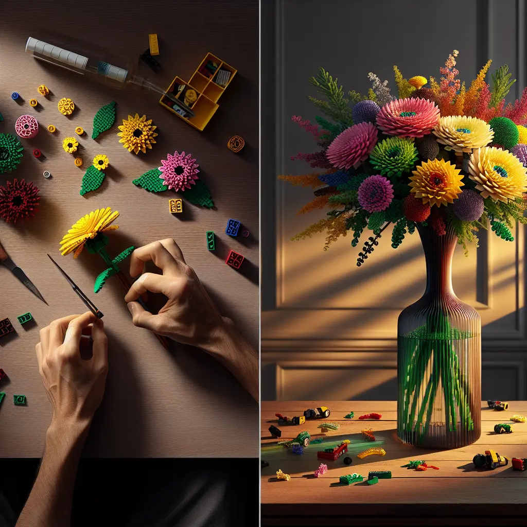 Split-panel image showing LEGO flower assembly process and completed colorful bouquet in green vase