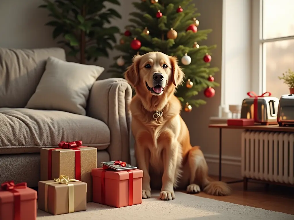 Golden retriever sitting beside wrapped holiday gifts near a decorated Christmas tree in a cozy living room